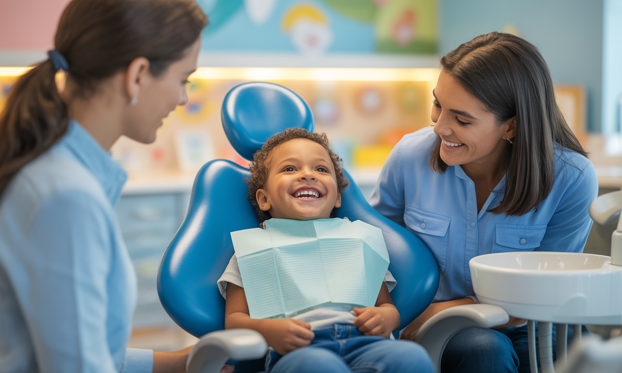 Blog 8 Young child laughing in a dental chair with their mother and a dentist smiling beside them.