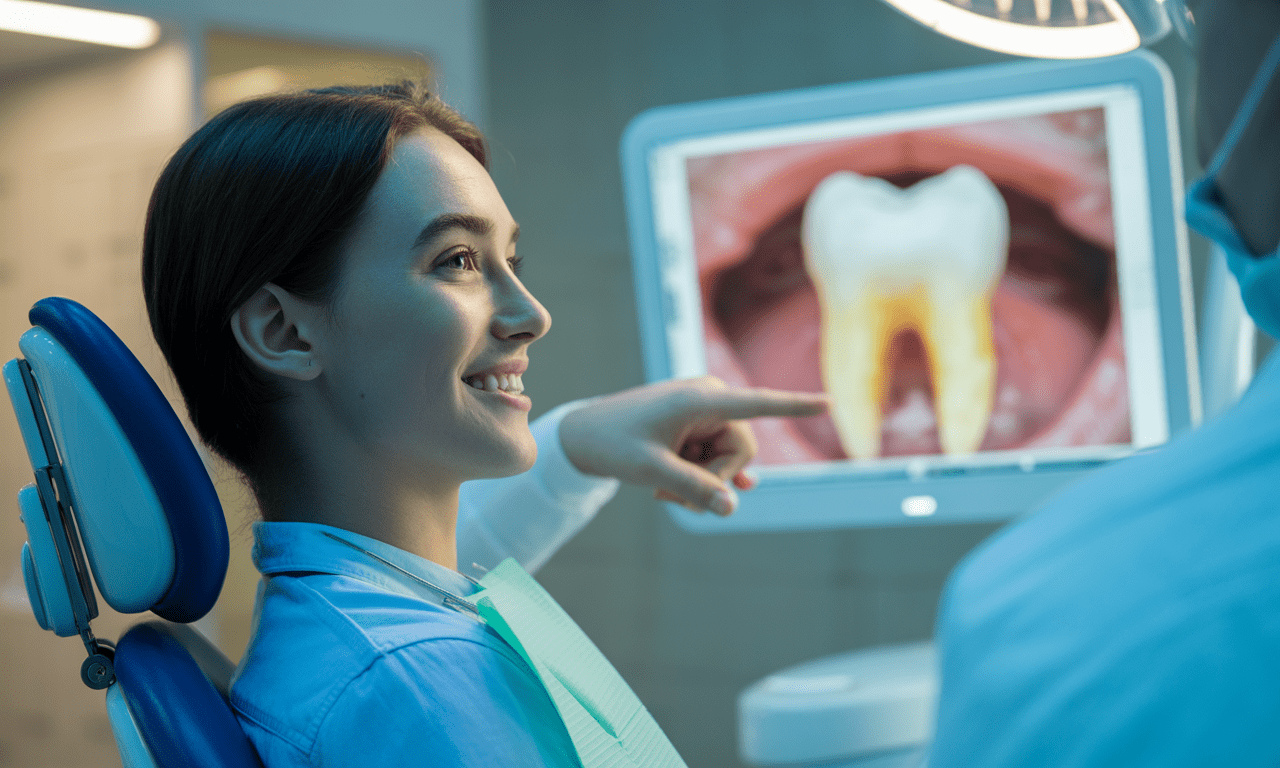 Blog 11 Young woman in a dental chair smiling and pointing at a tooth scan displayed on a monitor.