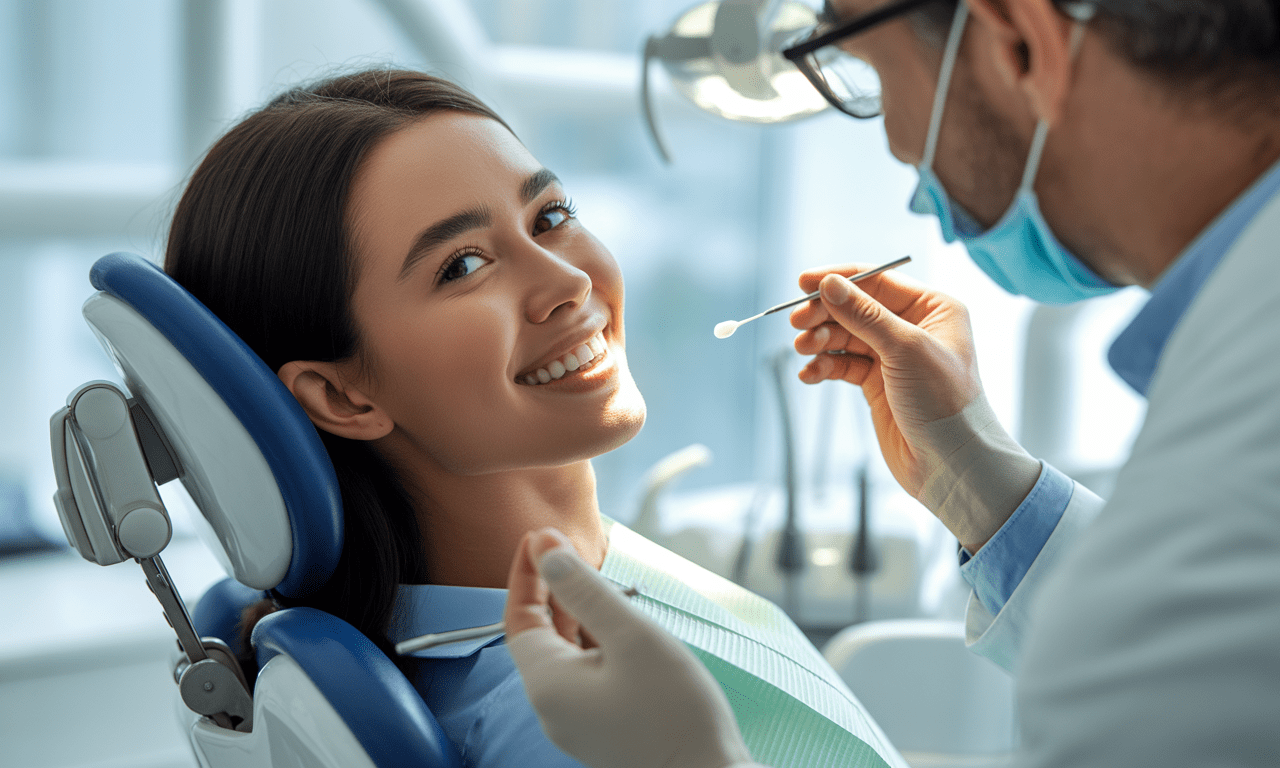 Blog 9 Young woman in a dental chair smiling and pointing at a tooth scan displayed on a monitor.
