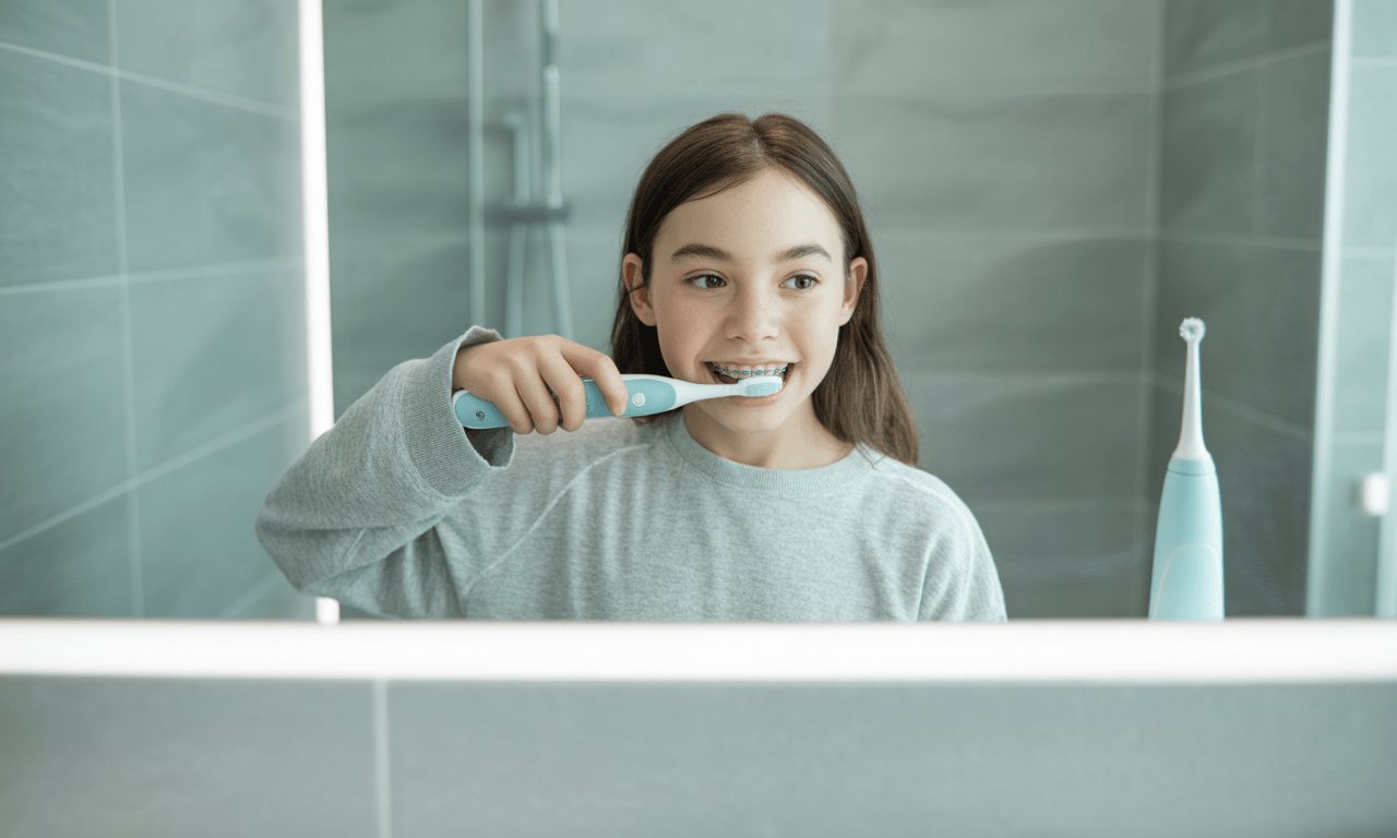 Blog 8 Young girl with braces using an electric toothbrush, smiling in a modern bathroom.