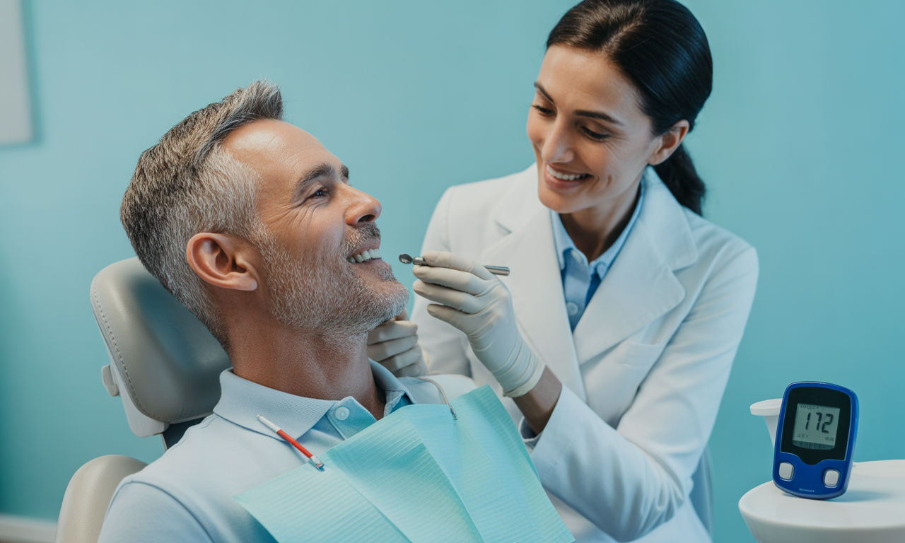 Blog 10 Smiling mature man having a dental checkup by a female dentist in a modern clinic.
