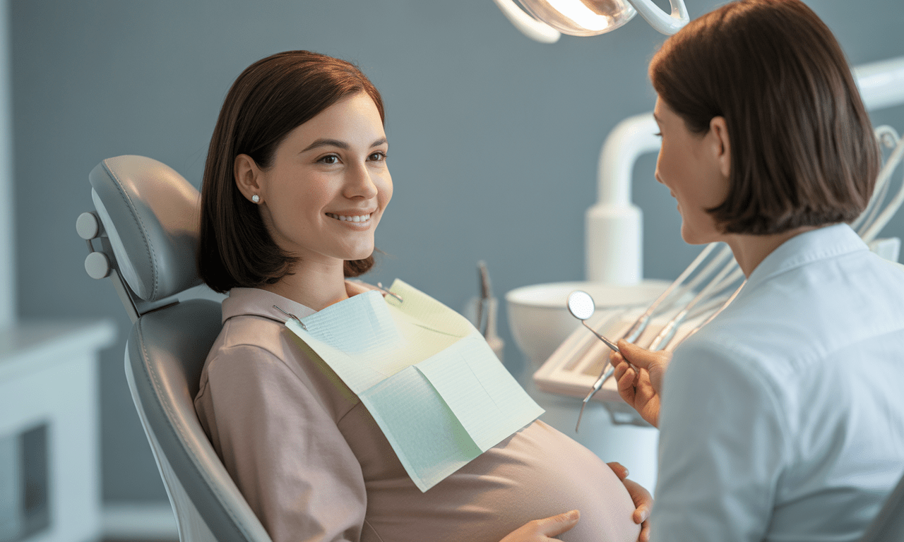 Blog 7 Pregnant woman in a dental chair smiling during a consultation with a female dentist.