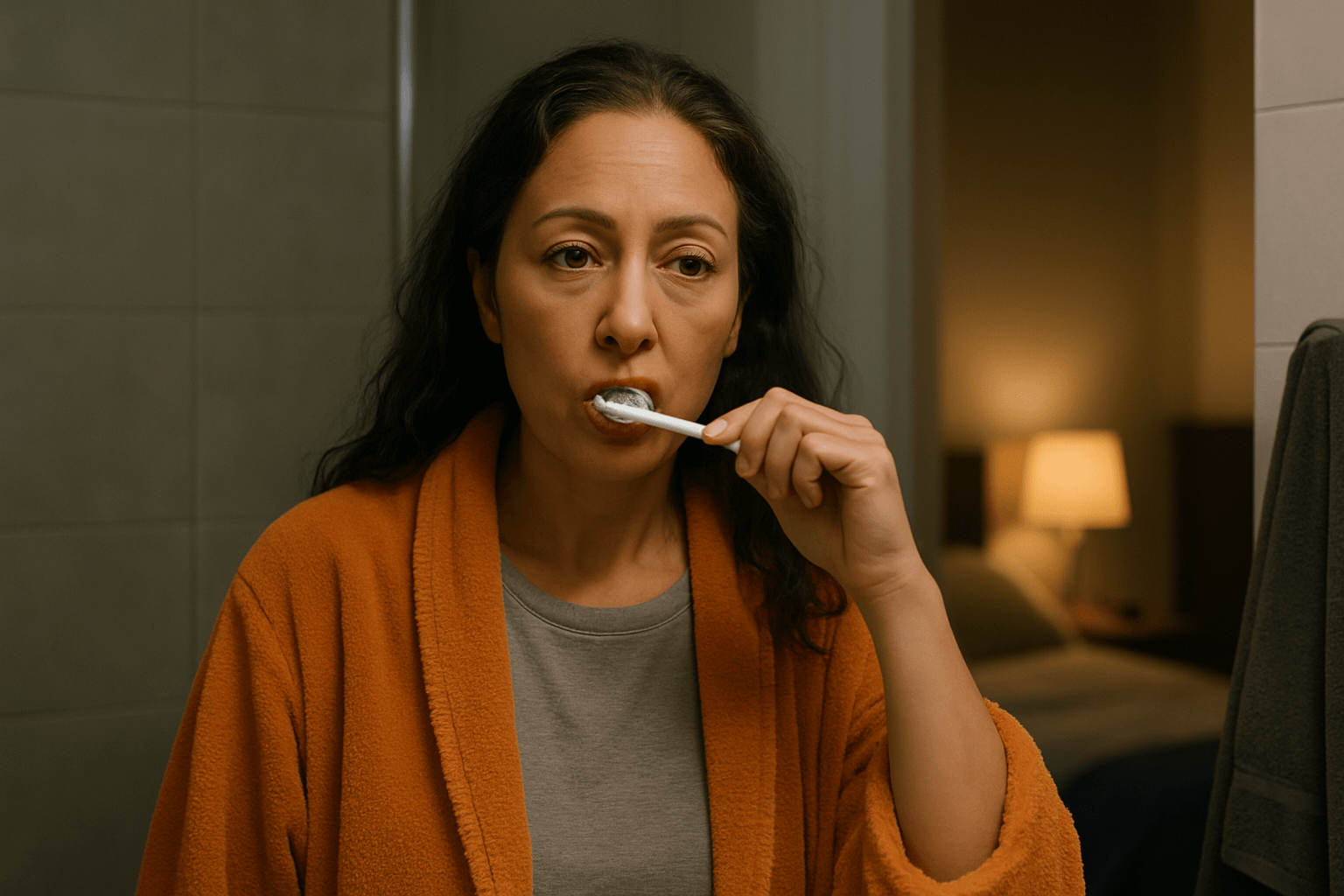 Blog 5 A woman in an orange bathrobe brushes her teeth in front of a bathroom mirror as part of her nightly routine.