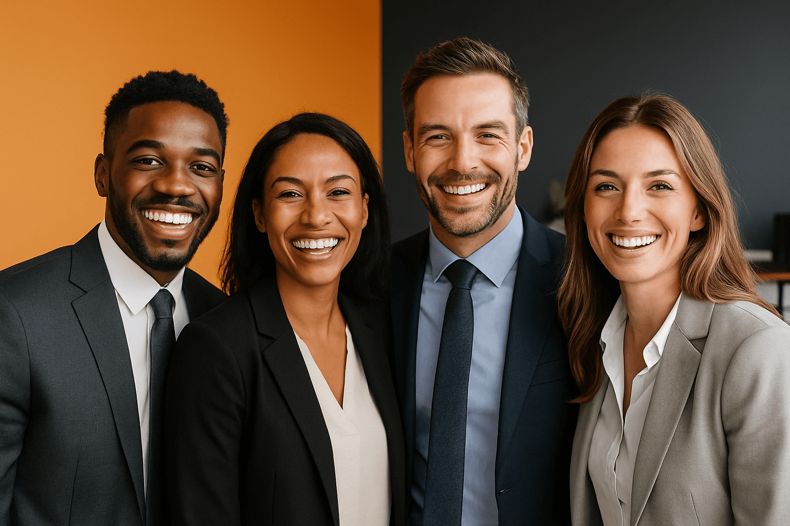 Blog 4 A group of four professionals in business attire smile confidently, showcasing healthy, bright smiles.