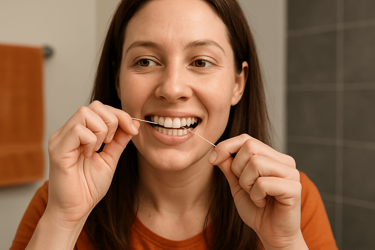 Blog 3 A woman in an orange shirt uses dental floss to clean between her teeth in a bathroom setting.