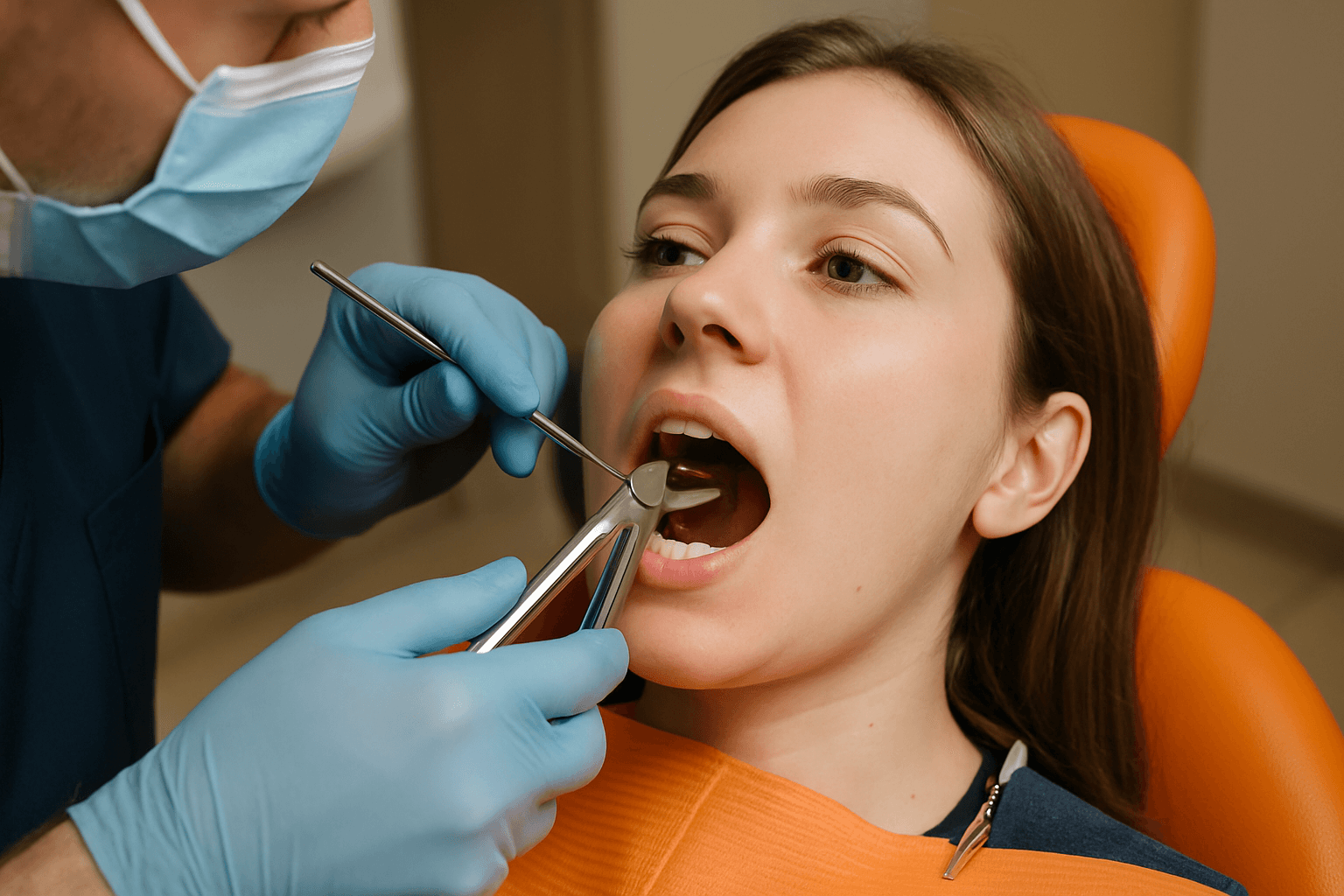 A dentist uses forceps to examine a young woman’s mouth during a dental procedure.