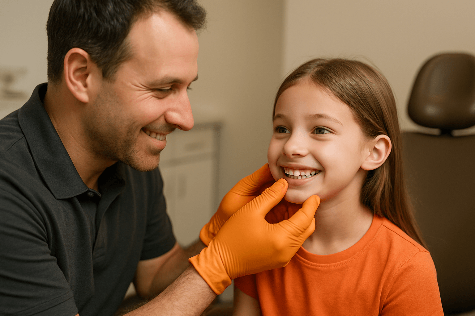 A dentist wearing orange gloves gently examines a young girl's teeth during a dental checkup.