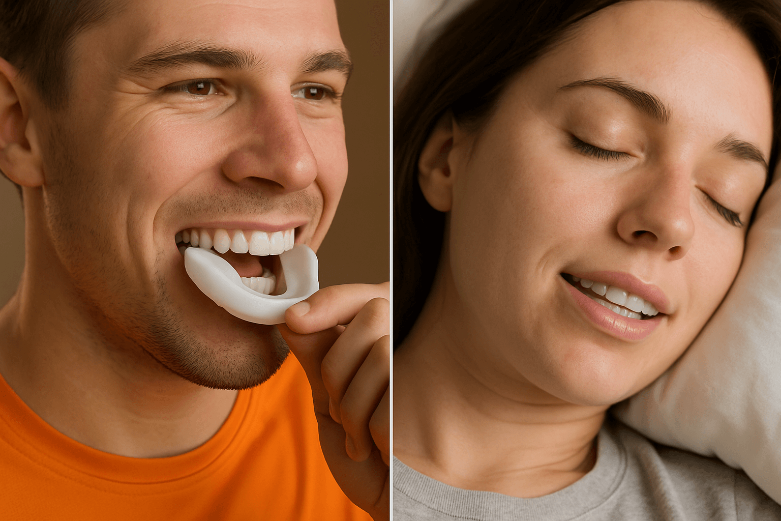 Blog 6 Split image: A man inserts a mouthguard before bed and a woman sleeps peacefully, both promoting dental health during sleep.