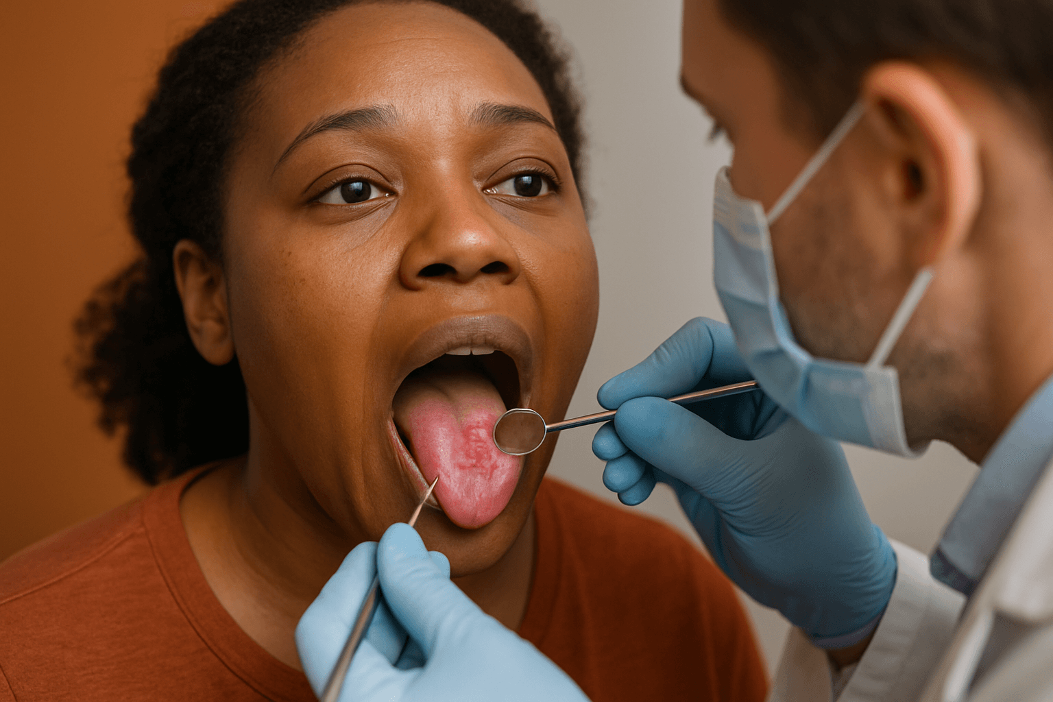 Blog 1 A dentist examines a patient’s tongue using a dental mirror and tool during an oral health checkup.
