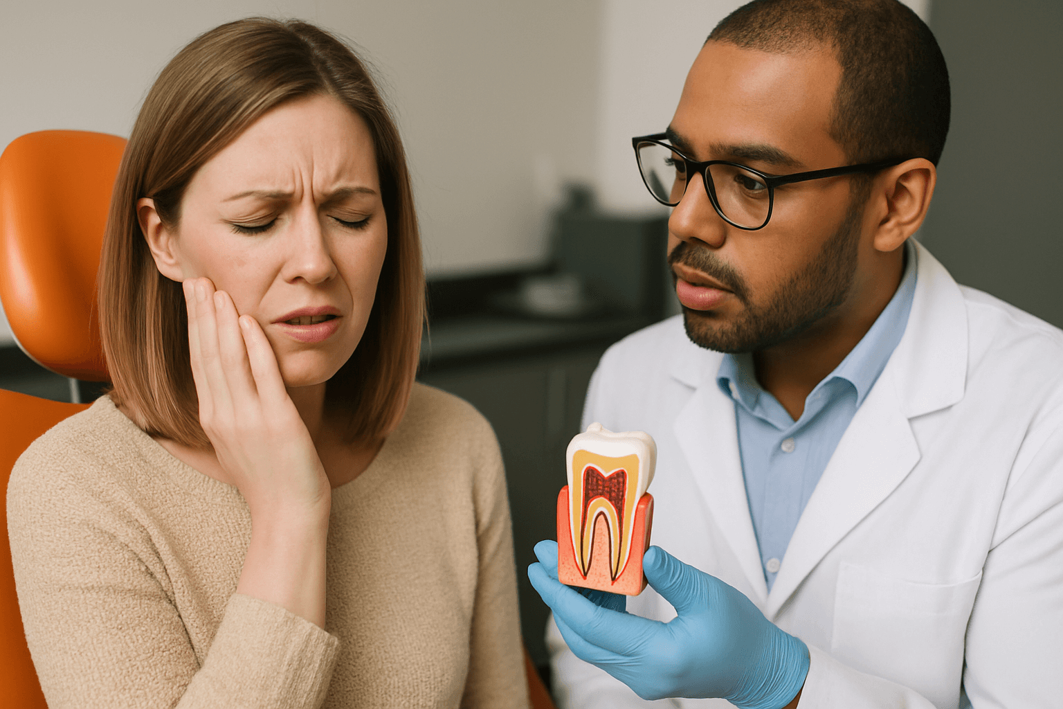 Blog 2 A concerned woman touches her cheek while a dentist explains tooth anatomy using a model, suggesting a discussion about tooth pain or problems.