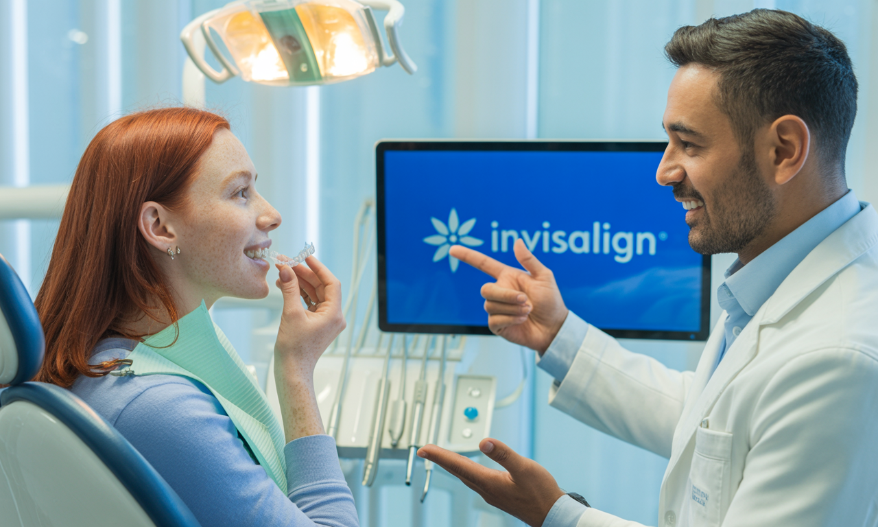 What to Expect at Your First Invisalign Appointment 1 A patient tries on aligners during her Invisalign appointment with her dentist.